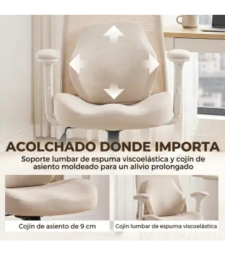 Silla de Escritorio Ergonómica Cojín Lumbar de Espuma Viscoelástica Reposacabezas 3D Reposabrazos Ajustables Beige