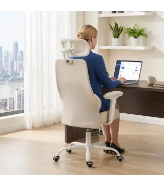 Silla de Escritorio Ergonómica Cojín Lumbar de Espuma Viscoelástica Reposacabezas 3D Reposabrazos Ajustables Beige