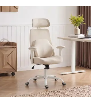 Silla de Escritorio Ergonómica Cojín Lumbar de Espuma Viscoelástica Reposacabezas 3D Reposabrazos Ajustables Beige