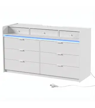 Cómoda con Luces LED, Estación de Carga y 9 Cajones Cajonera para Dormitorio para Salón Vestidor 148,7x45x82 cm Blanco
