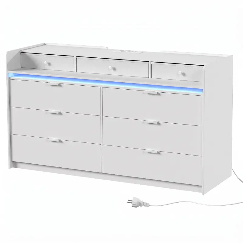 Cómoda con Luces LED, Estación de Carga y 9 Cajones Cajonera para Dormitorio para Salón Vestidor 148,7x45x82 cm Blanco Cómoda con Luces LED, Estación de Carga y 9 Cajones Cajonera para Dormitorio para Salón Vestidor 148,7x45x82 cm Blanco