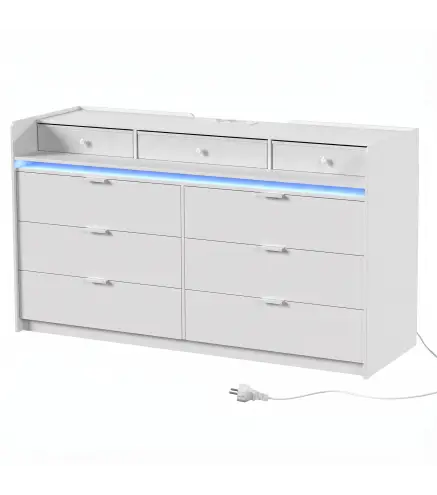Cómoda con Luces LED, Estación de Carga y 9 Cajones Cajonera para Dormitorio para Salón Vestidor 148,7x45x82 cm Blanco