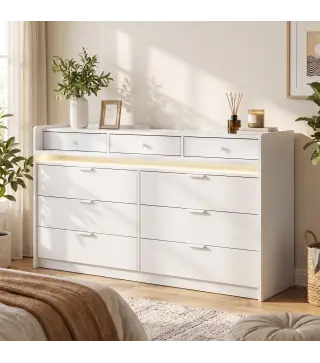 Cómoda con Luces LED, Estación de Carga y 9 Cajones Cajonera para Dormitorio para Salón Vestidor 148,7x45x82 cm Blanco