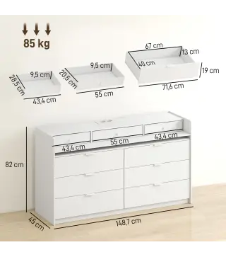 Cómoda con Luces LED, Estación de Carga y 9 Cajones Cajonera para Dormitorio para Salón Vestidor 148,7x45x82 cm Blanco
