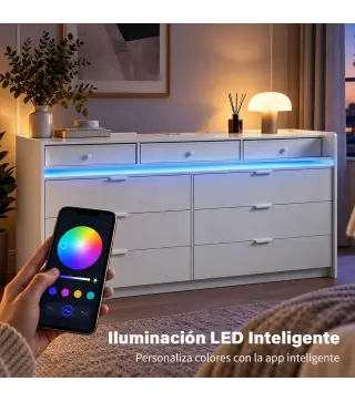 Cómoda con Luces LED, Estación de Carga y 9 Cajones Cajonera para Dormitorio para Salón Vestidor 148,7x45x82 cm Blanco