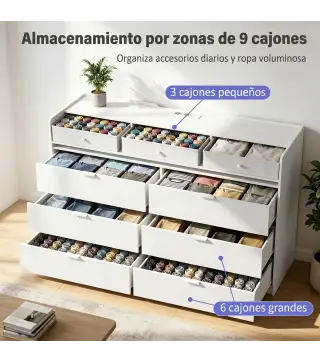 Cómoda con Luces LED, Estación de Carga y 9 Cajones Cajonera para Dormitorio para Salón Vestidor 148,7x45x82 cm Blanco