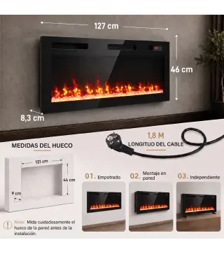 Chimenea Eléctrica Ultrafina 900/1800W Empotrable/Colgante/de Pie 12 Colores de Llama 3D Control Remoto hasta 35㎡ Negro
