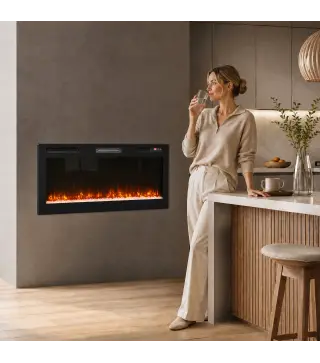 Chimenea Eléctrica Ultrafina 900/1800W Empotrable/Colgante/de Pie 12 Colores de Llama 3D Control Remoto hasta 35㎡ Negro