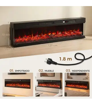 Chimenea Eléctrica Empotrable o de Pie 750/1500W 3 Caras 12 Colores de Llama 3D Termostato Control Remoto Negro