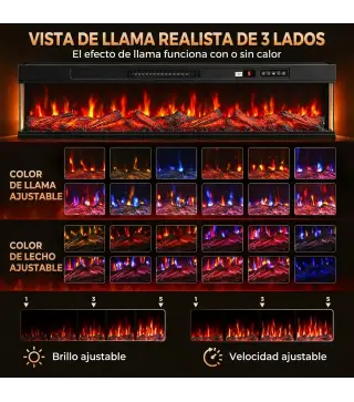 Chimenea Eléctrica Empotrable o de Pie 750/1500W 3 Caras 12 Colores de Llama 3D Termostato Control Remoto Negro
