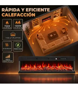 Chimenea Eléctrica Empotrable o de Pie 750/1500W 3 Caras 12 Colores de Llama 3D Termostato Control Remoto Negro