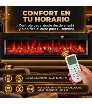 Chimenea Eléctrica Empotrable o de Pie 750/1500W 3 Caras 12 Colores de Llama 3D Termostato Control Remoto Negro