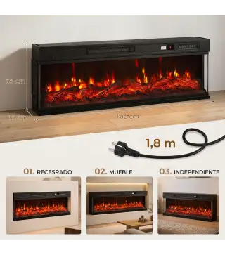 Chimenea Eléctrica Empotrable o de Pie 750/1500W 3 Caras 12 Colores de Llama 3D Termostato Control Remoto Negro