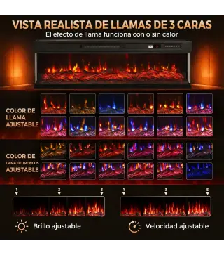 Chimenea Eléctrica Empotrable o de Pie 750/1500W 3 Caras 12 Colores de Llama 3D Termostato Control Remoto Negro