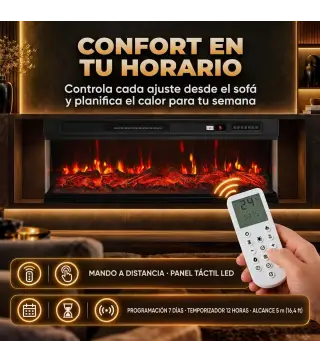 Chimenea Eléctrica Empotrable o de Pie 750/1500W 3 Caras 12 Colores de Llama 3D Termostato Control Remoto Negro