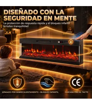 Chimenea Eléctrica Empotrable o de Pie 750/1500W 3 Caras 12 Colores de Llama 3D Termostato Control Remoto Negro
