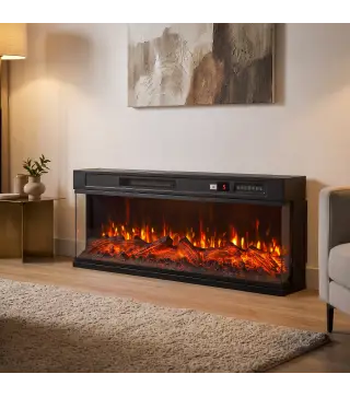 Chimenea Eléctrica Empotrable o de Pie 750/1500W 3 Caras 12 Colores de Llama 3D Termostato Control Remoto Negro