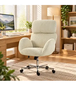 Silla de Oficina con Reposabrazos Respaldo Alto Reposacabezas Regulable Ruedas Altura Ajustable Giratoria Crema