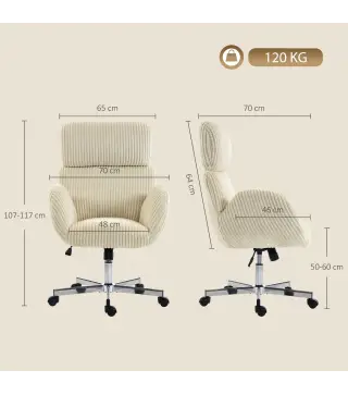 Silla de Oficina con Reposabrazos Respaldo Alto Reposacabezas Regulable Ruedas Altura Ajustable Giratoria Crema