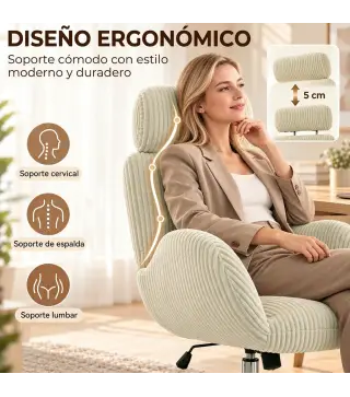 Silla de Oficina con Reposabrazos Respaldo Alto Reposacabezas Regulable Ruedas Altura Ajustable Giratoria Crema