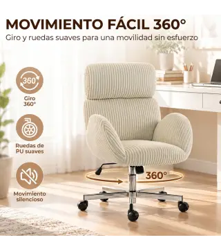 Silla de Oficina con Reposabrazos Respaldo Alto Reposacabezas Regulable Ruedas Altura Ajustable Giratoria Crema