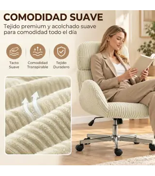 Silla de Oficina con Reposabrazos Respaldo Alto Reposacabezas Regulable Ruedas Altura Ajustable Giratoria Crema