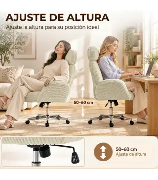 Silla de Oficina con Reposabrazos Respaldo Alto Reposacabezas Regulable Ruedas Altura Ajustable Giratoria Crema