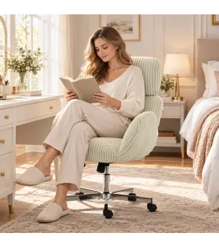 Silla de Oficina con Reposabrazos Respaldo Alto Reposacabezas Regulable Ruedas Altura Ajustable Giratoria Crema