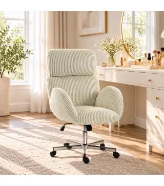 Silla de Oficina con Reposabrazos Respaldo Alto Reposacabezas Regulable Ruedas Altura Ajustable Giratoria Crema