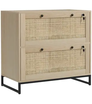 Armario Archivador de 2 Cajones de Ratán Bohemio con Cerraduras Barras para Carpetas, A4 y Legal 75x40x71,5 cm Roble