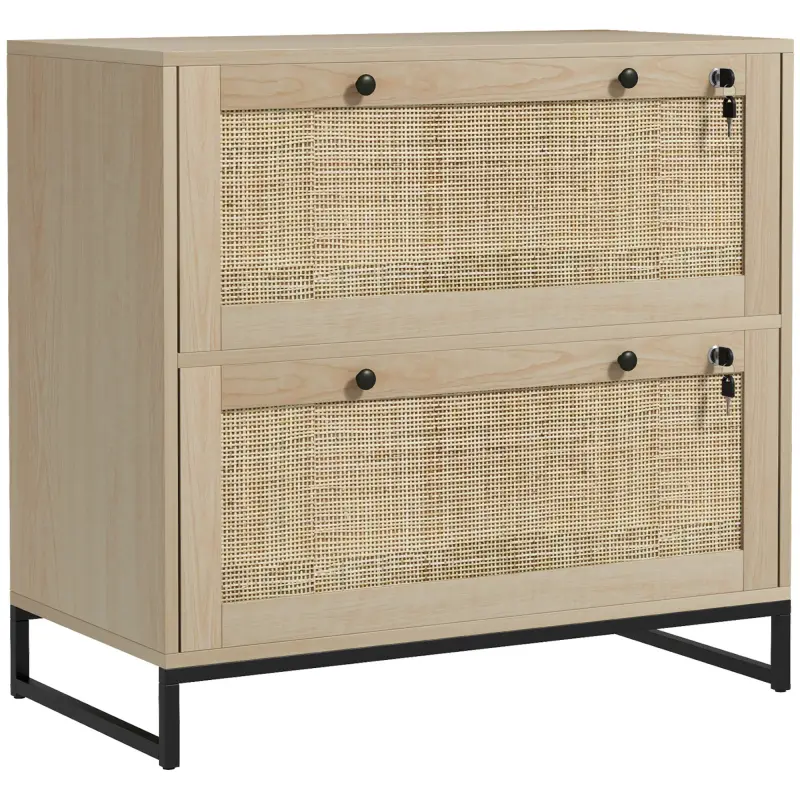 Armario Archivador de 2 Cajones de Ratán Bohemio con Cerraduras Barras para Carpetas, A4 y Legal 75x40x71,5 cm Roble Armario Archivador de 2 Cajones de Ratán Bohemio con Cerraduras Barras para Carpetas, A4 y Legal 75x40x71,5 cm Roble