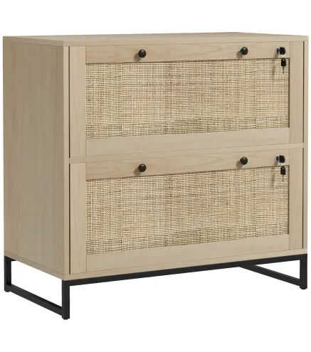 Armario Archivador de 2 Cajones de Ratán Bohemio con Cerraduras Barras para Carpetas, A4 y Legal 75x40x71,5 cm Roble