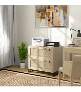 Armario Archivador de 2 Cajones de Ratán Bohemio con Cerraduras Barras para Carpetas, A4 y Legal 75x40x71,5 cm Roble