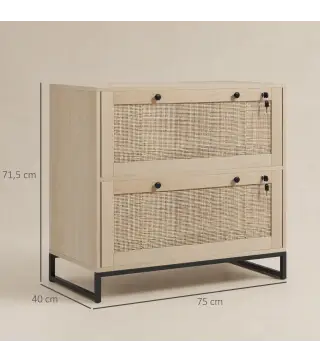 Armario Archivador de 2 Cajones de Ratán Bohemio con Cerraduras Barras para Carpetas, A4 y Legal 75x40x71,5 cm Roble
