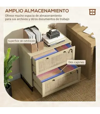 Armario Archivador de 2 Cajones de Ratán Bohemio con Cerraduras Barras para Carpetas, A4 y Legal 75x40x71,5 cm Roble
