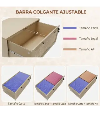 Armario Archivador de 2 Cajones de Ratán Bohemio con Cerraduras Barras para Carpetas, A4 y Legal 75x40x71,5 cm Roble