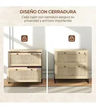 Armario Archivador de 2 Cajones de Ratán Bohemio con Cerraduras Barras para Carpetas, A4 y Legal 75x40x71,5 cm Roble