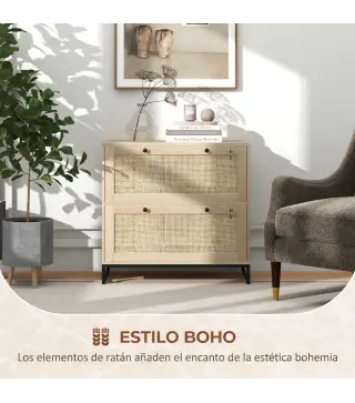 Armario Archivador de 2 Cajones de Ratán Bohemio con Cerraduras Barras para Carpetas, A4 y Legal 75x40x71,5 cm Roble