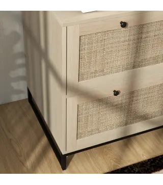 Armario Archivador de 2 Cajones de Ratán Bohemio con Cerraduras Barras para Carpetas, A4 y Legal 75x40x71,5 cm Roble
