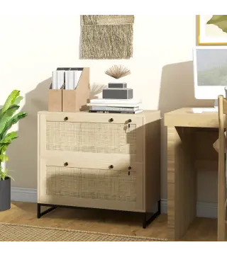 Armario Archivador de 2 Cajones de Ratán Bohemio con Cerraduras Barras para Carpetas, A4 y Legal 75x40x71,5 cm Roble