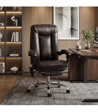 Silla de Oficina con 6 Puntos de Masaje Calor Lumbar Reposapiés Altura Ajustable Control Remoto y Tejido de PU Marrón