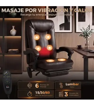 Silla de Oficina con 6 Puntos de Masaje Calor Lumbar Reposapiés Altura Ajustable Control Remoto y Tejido de PU Marrón