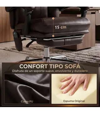 Silla de Oficina con 6 Puntos de Masaje Calor Lumbar Reposapiés Altura Ajustable Control Remoto y Tejido de PU Marrón