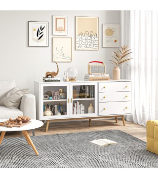 Aparador de Comedor con 2 Puertas de Cristal 3 Cajones y Patas de Madera de Caucho para Cocina Salón 160x40x80 cm Blanco