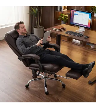 Silla de Oficina con 6 Puntos de Masaje Calor Lumbar Reposapiés Altura Ajustable Control Remoto y Tejido de PU Marrón