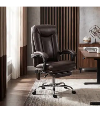 Silla de Oficina con 6 Puntos de Masaje Calor Lumbar Reposapiés Altura Ajustable Control Remoto y Tejido de PU Marrón