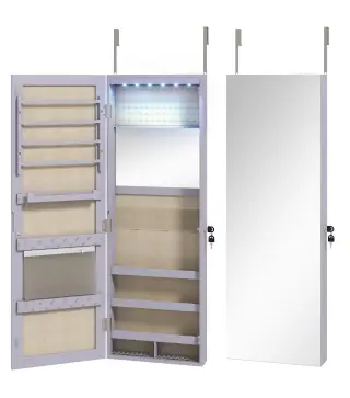 Espejo Joyero de Pared con Luces LED Espejo Pequeño Plegable Cerradura para Colgar en la Pared o en la Puerta Morado