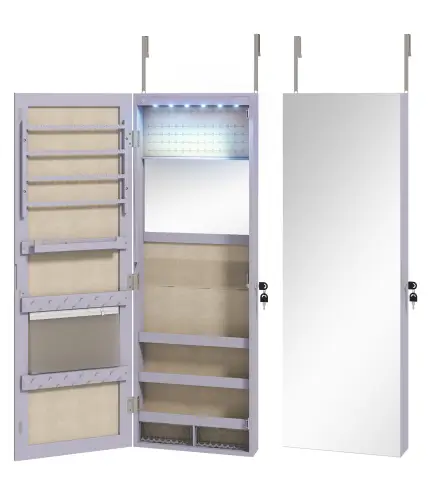 Espejo Joyero de Pared con Luces LED Espejo Pequeño Plegable Cerradura para Colgar en la Pared o en la Puerta Morado