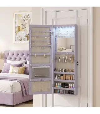 Espejo Joyero de Pared con Luces LED Espejo Pequeño Plegable Cerradura para Colgar en la Pared o en la Puerta Morado