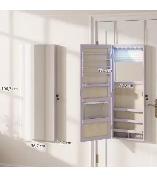Espejo Joyero de Pared con Luces LED Espejo Pequeño Plegable Cerradura para Colgar en la Pared o en la Puerta Morado